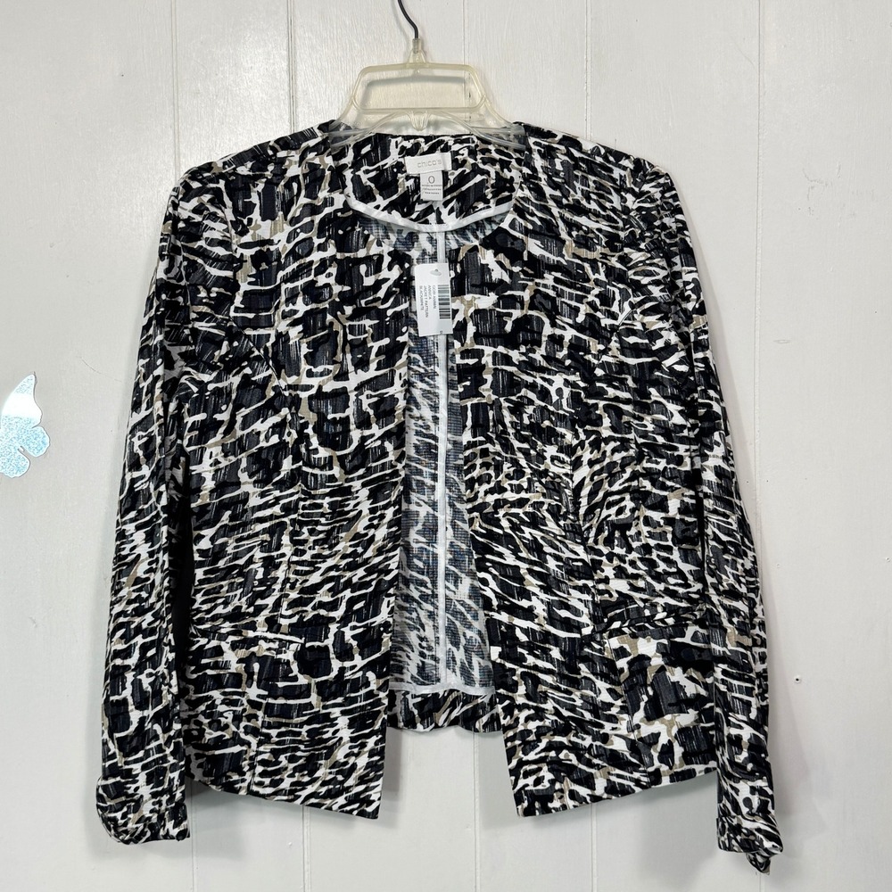 Chico's Annica Jacket Size Small Animal‎ Print Open Front Black White Career New